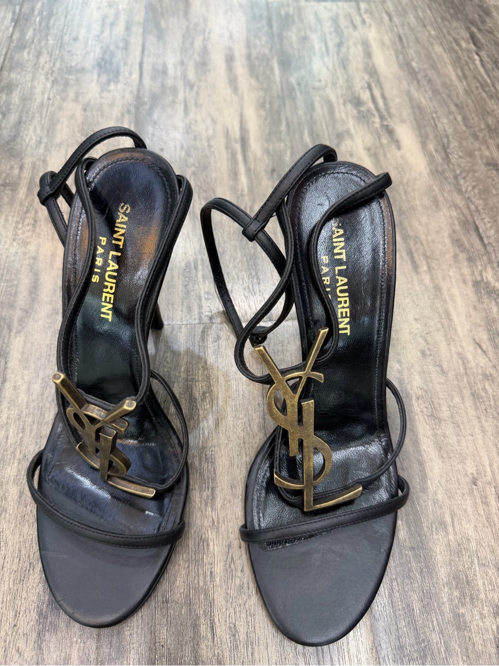 Saint Laurent Black Leather Strappy Heels with Gold YSL Emblem